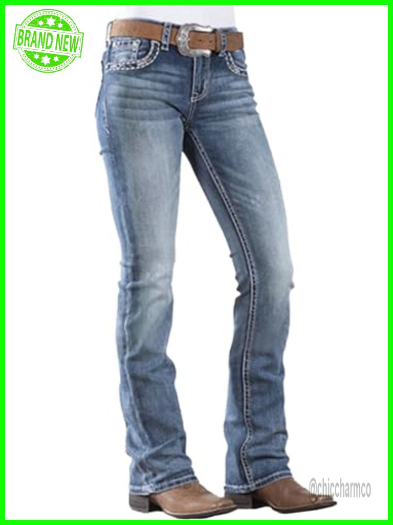 Mid Rise Bootcut Jeans Stretchy Straight Leg Denim Pants With Embroidered